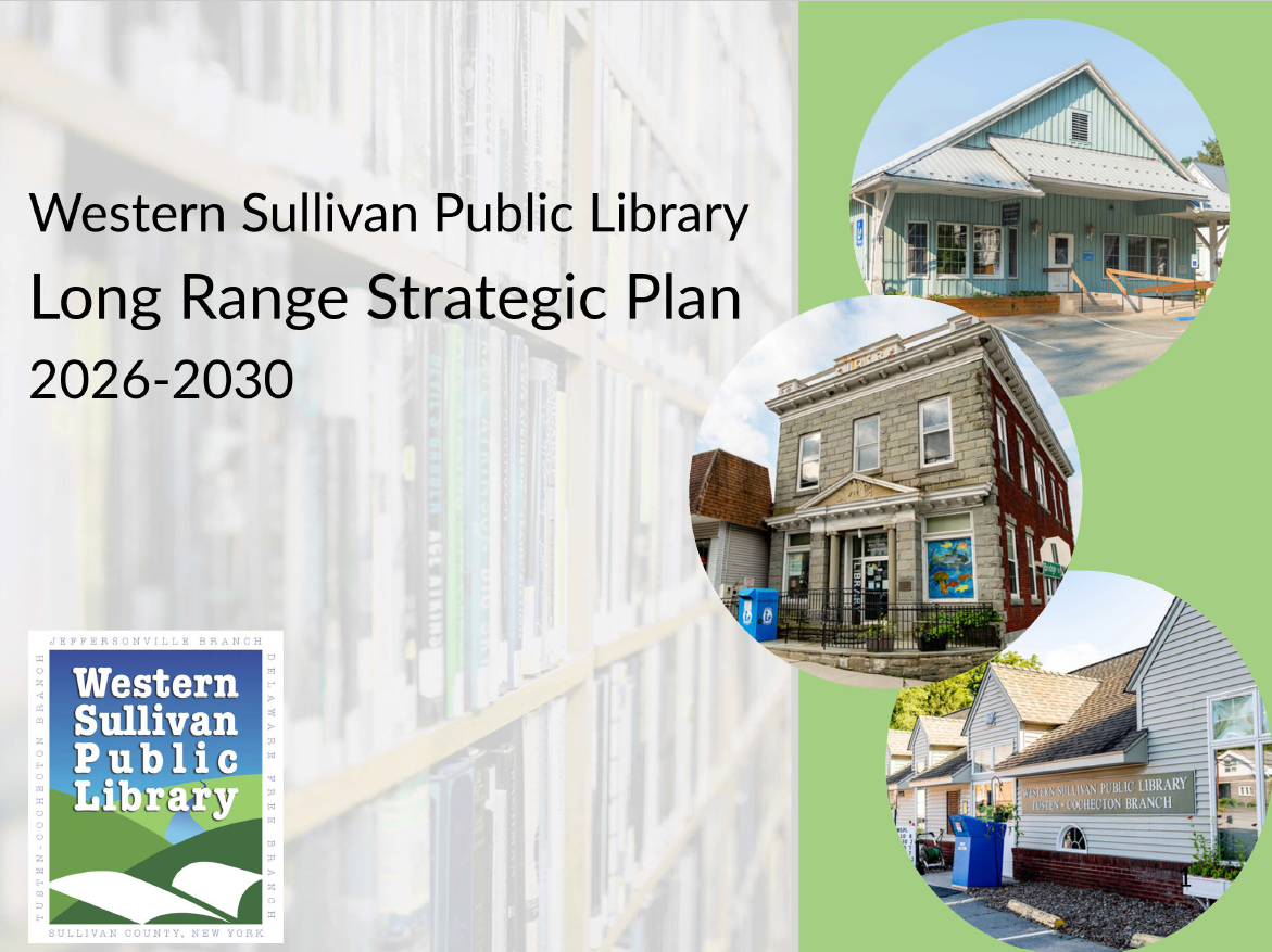 shelves with books and photos of three library branches