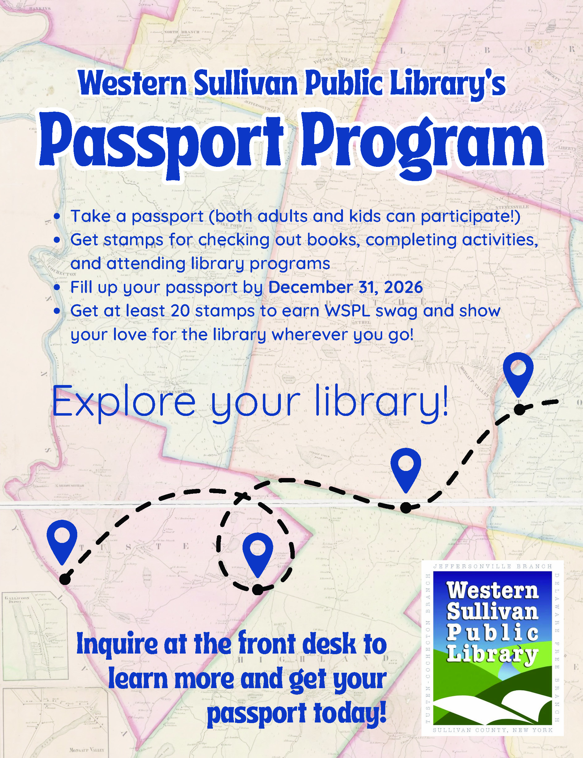 Passport Program Take a passport (both adults and kids can participate!) Get stamps for checking out books, completing activities, and attending library programs Fill up your passport by December 31, 2026 Get at least 20 stamps to earn WSPL swag and show your love for the library wherever you go!