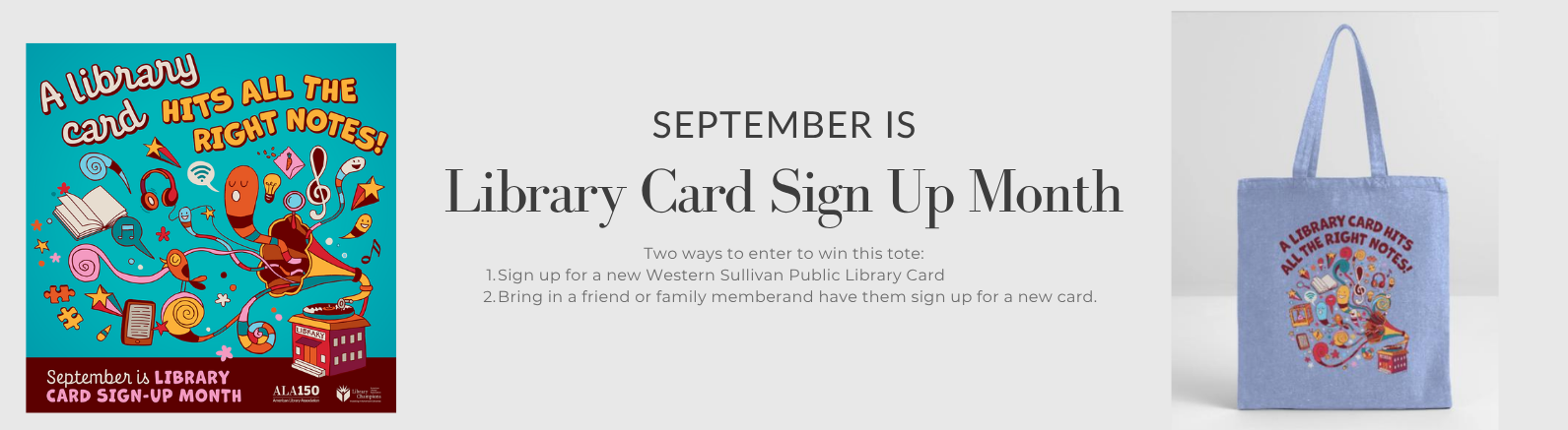 2026 Library Card Sign Up Logo and photo of blue tote bag